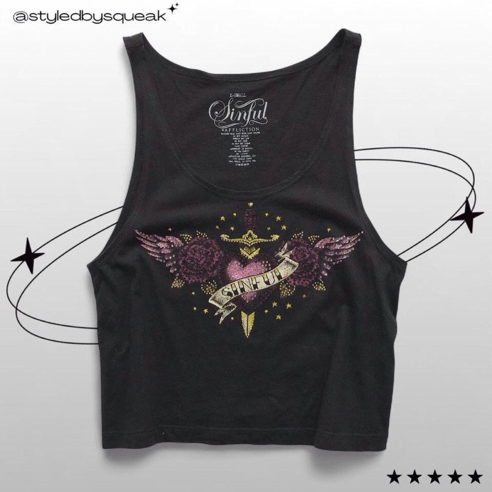 Affliction Y2K Black Rhinestone Sinful Graphic Crop Tank Top Extra Small 2000s